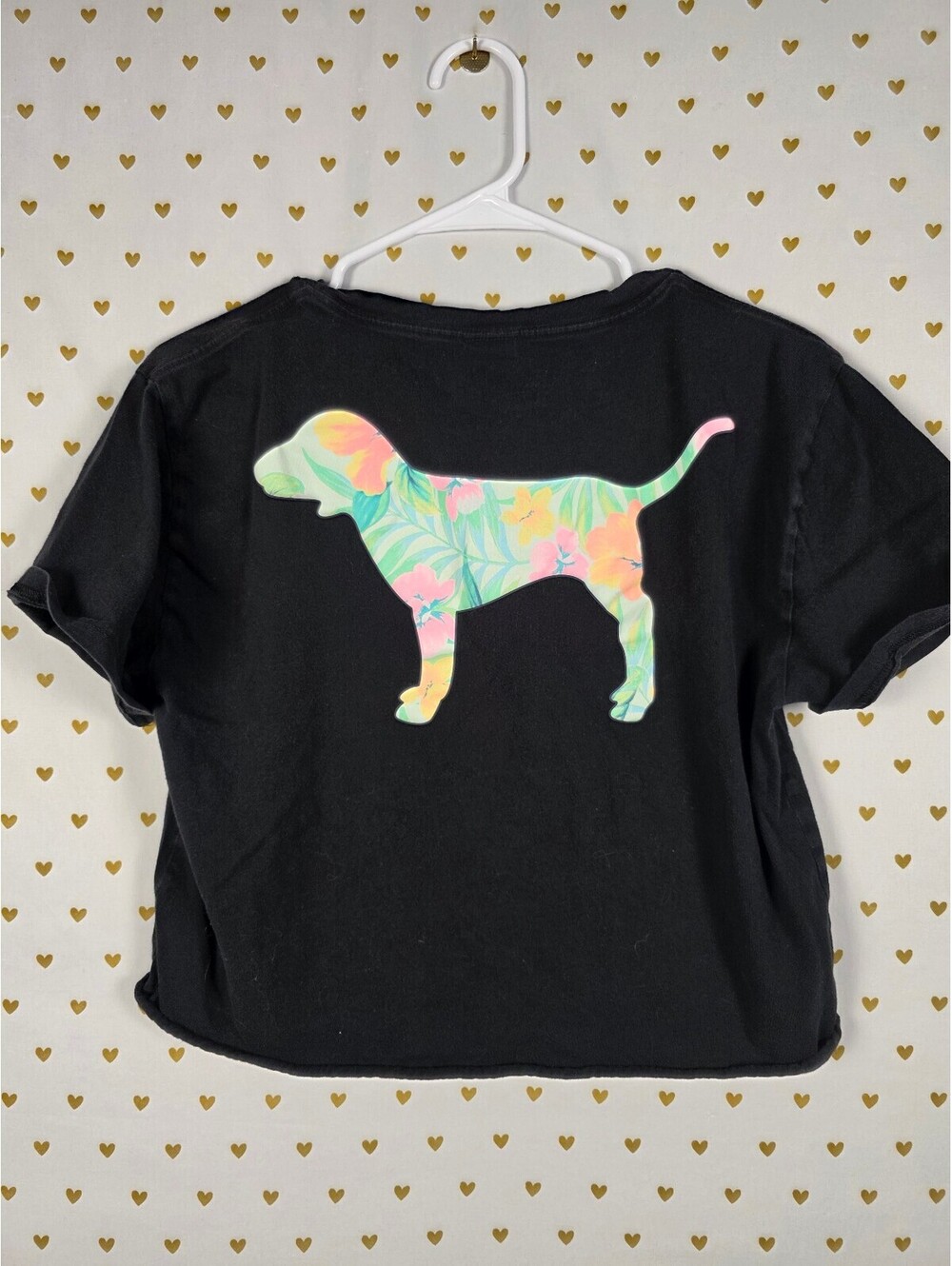Victorias Secret PINK Cropped Dog Logo Hawaiian floral tee shirt LARGE